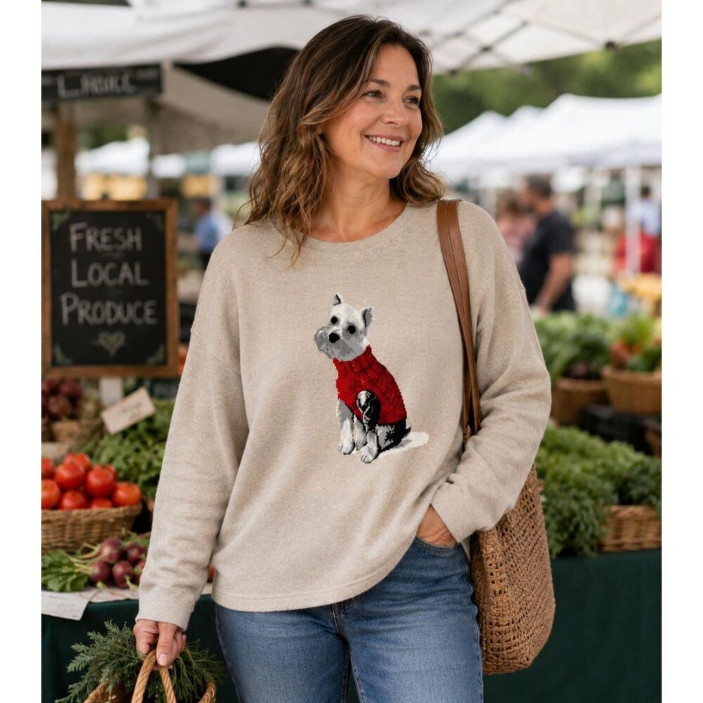 J. Jill Sweater Terrier Scottie Dog Graphic Long Sleeve Oversized Comfy Sz. L